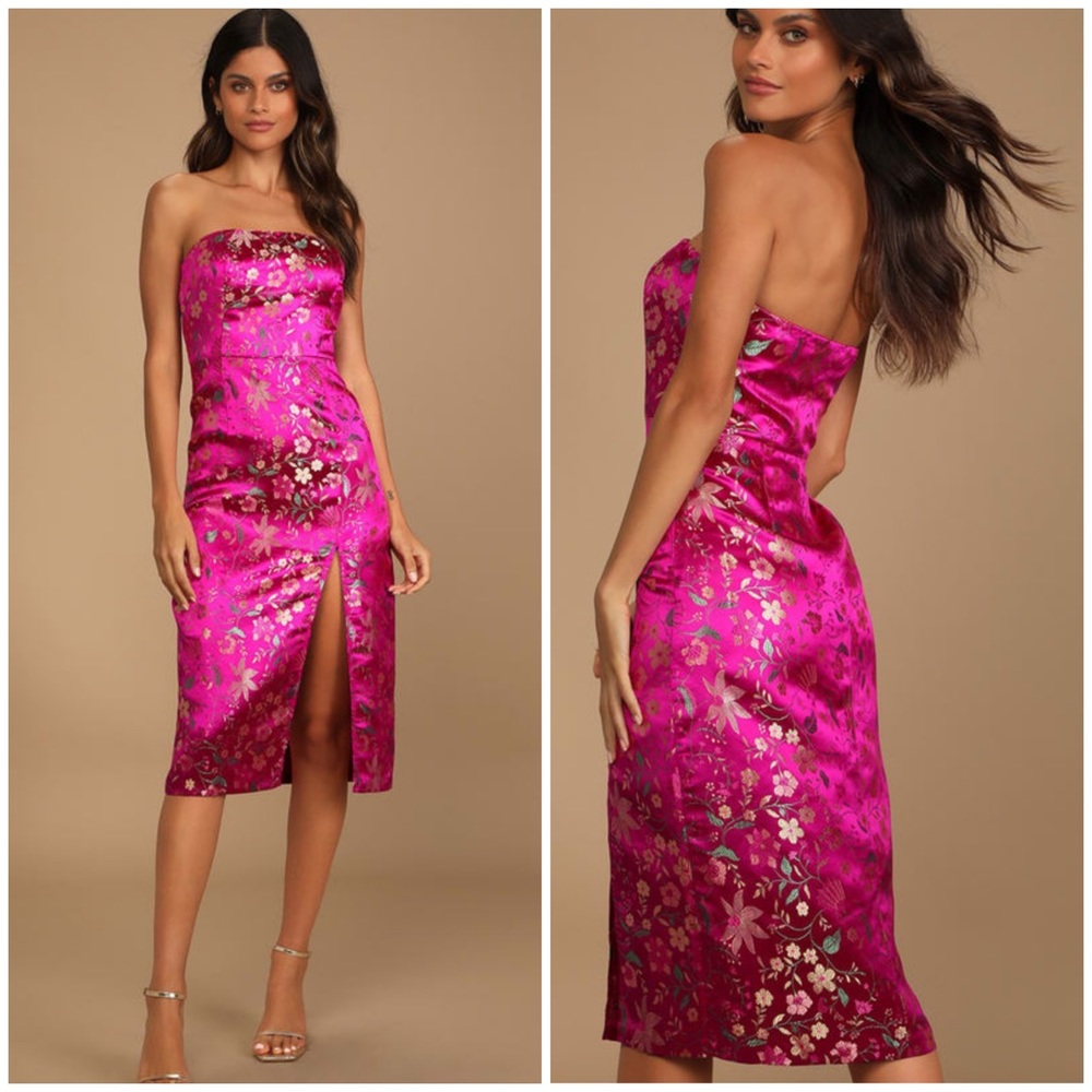 Lulu’s Make a Move Magenta Satin Floral Jacquard Strapless Midi Dress Large NWT